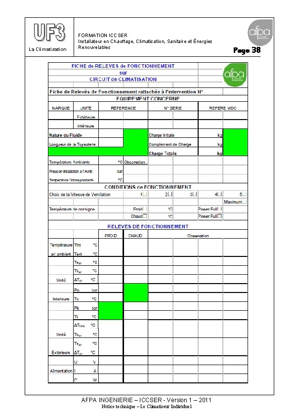 La Climatisation FORMATION ICCSER Installateur en Chauffage, Climatisation, Sanitaire et Énergies Renouvelables AFPA INGENIERIE