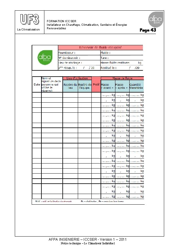 La Climatisation FORMATION ICCSER Installateur en Chauffage, Climatisation, Sanitaire et Énergies Renouvelables AFPA INGENIERIE