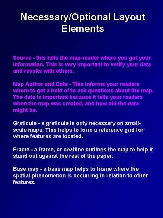 Necessary/Optional Layout Elements Source - this tells the map-reader where you got your information.