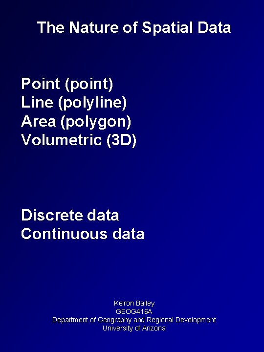 The Nature of Spatial Data Point (point) Line (polyline) Area (polygon) Volumetric (3 D)