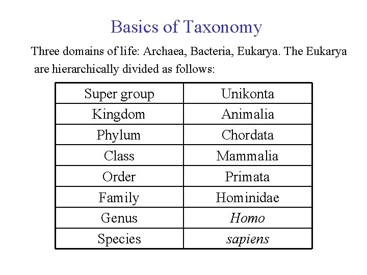 Basics of Taxonomy Three domains of life: Archaea, Bacteria, Eukarya. The Eukarya are hierarchically