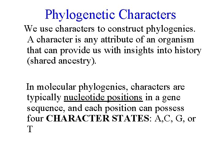 Phylogenetic Characters We use characters to construct phylogenies. A character is any attribute of