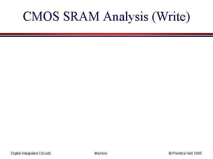 CMOS SRAM Analysis (Write) Digital Integrated Circuits Memory © Prentice Hall 1995 CMOS SRAM Analysis (Write) Digital Integrated Circuits Memory © Prentice Hall 1995