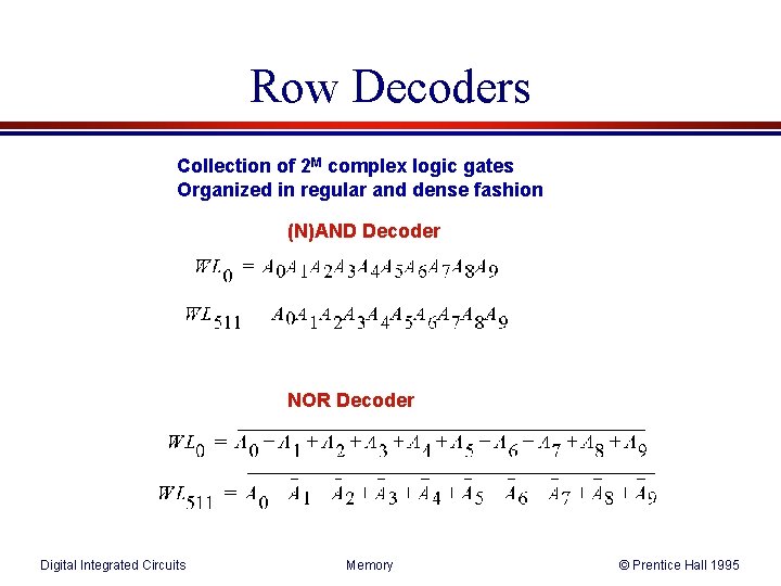 Row Decoders Collection of 2 M complex logic gates Organized in regular and dense Row Decoders Collection of 2 M complex logic gates Organized in regular and dense