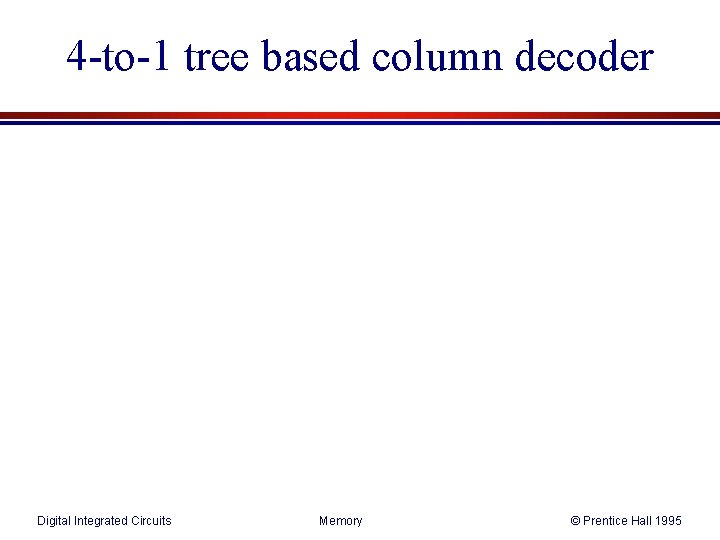 4 -to-1 tree based column decoder Digital Integrated Circuits Memory © Prentice Hall 1995 4 -to-1 tree based column decoder Digital Integrated Circuits Memory © Prentice Hall 1995