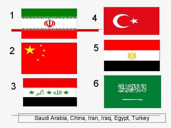 1 4 2 5 3 6 Saudi Arabia, China, Iran, Iraq, Egypt, Turkey 