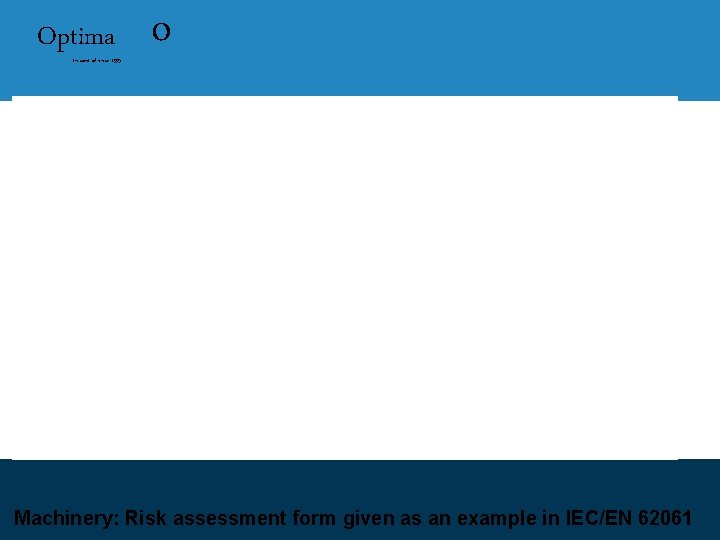 Optima In control since 1995 o Machinery: Risk assessment form given as an example