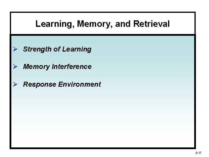 Learning, Memory, and Retrieval Ø Strength of Learning Ø Memory Interference Ø Response Environment