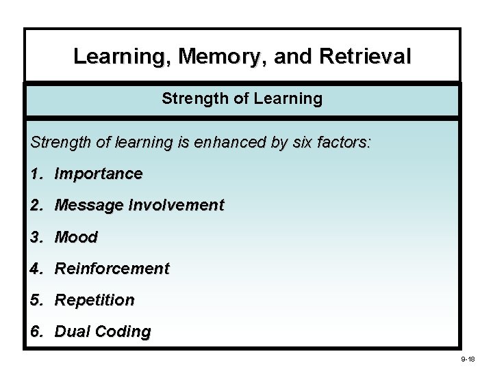 Learning, Memory, and Retrieval Strength of Learning Strength of learning is enhanced by six