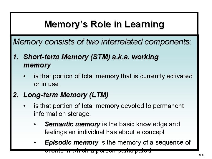 Memory’s Role in Learning Memory consists of two interrelated components: components 1. Short-term Memory