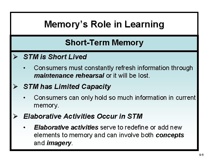Memory’s Role in Learning Short-Term Memory Ø STM is Short Lived • Consumers must