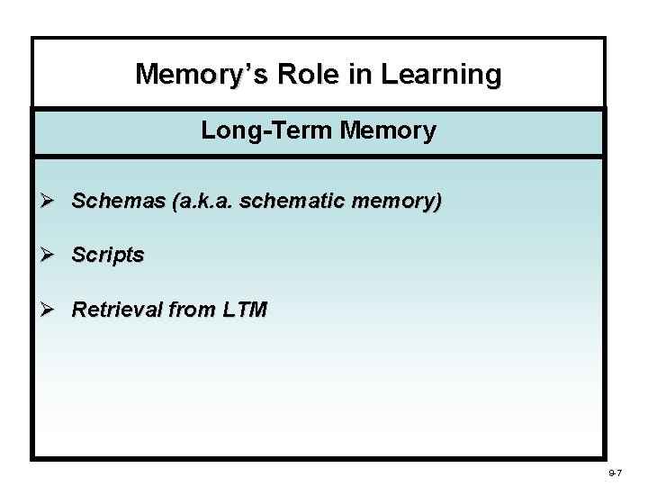 Memory’s Role in Learning Long-Term Memory Ø Schemas (a. k. a. schematic memory) Ø