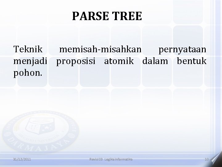 PARSE TREE Teknik memisah-misahkan pernyataan menjadi proposisi atomik dalam bentuk pohon. 31/12/2011 Revisi 03
