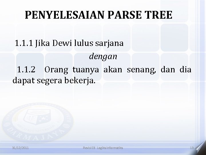 PENYELESAIAN PARSE TREE 1. 1. 1 Jika Dewi lulus sarjana dengan 1. 1. 2