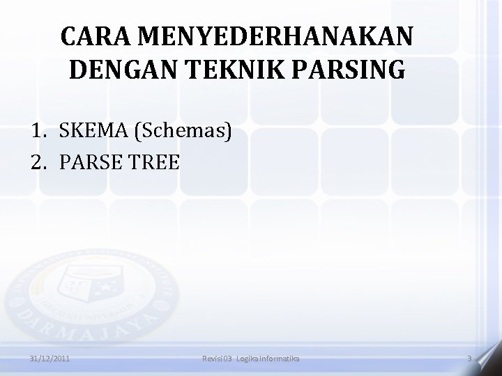 CARA MENYEDERHANAKAN DENGAN TEKNIK PARSING 1. SKEMA (Schemas) 2. PARSE TREE 31/12/2011 Revisi 03