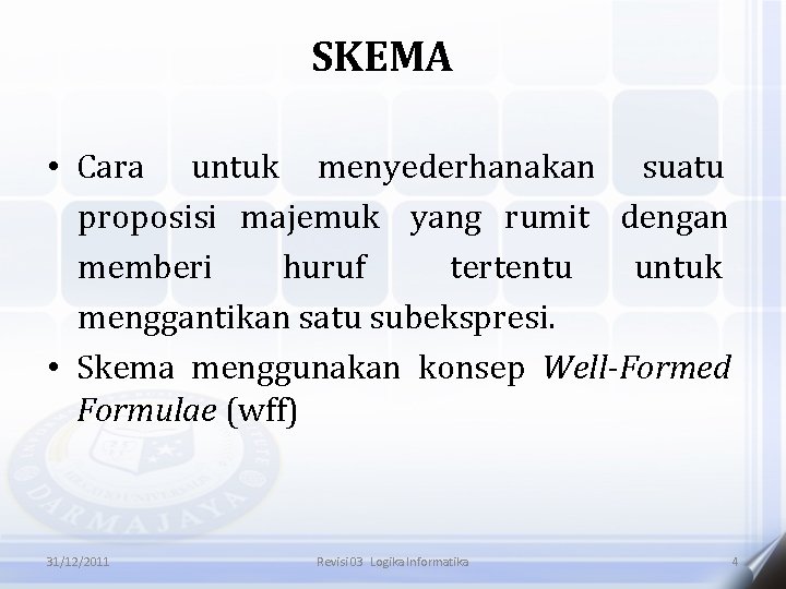 SKEMA • Cara untuk menyederhanakan suatu proposisi majemuk yang rumit dengan memberi huruf tertentu