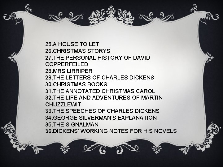 25. A HOUSE TO LET 26. CHRISTMAS STORYS 27. THE PERSONAL HISTORY OF DAVID