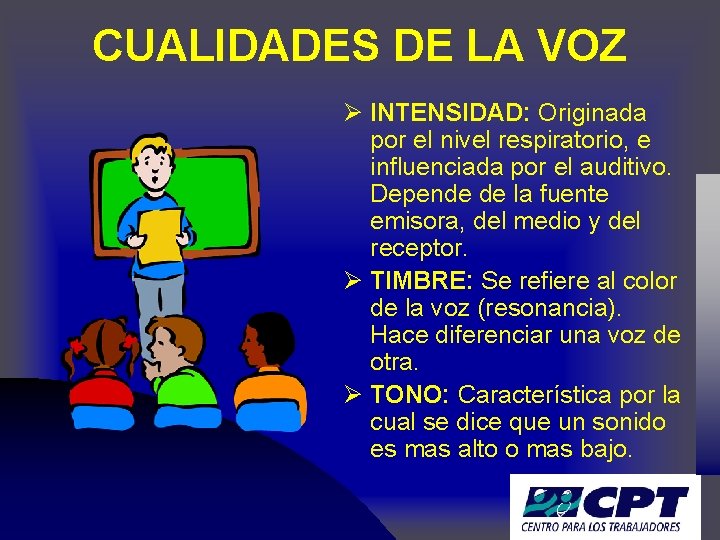 CUALIDADES DE LA VOZ Ø INTENSIDAD: Originada por el nivel respiratorio, e influenciada por