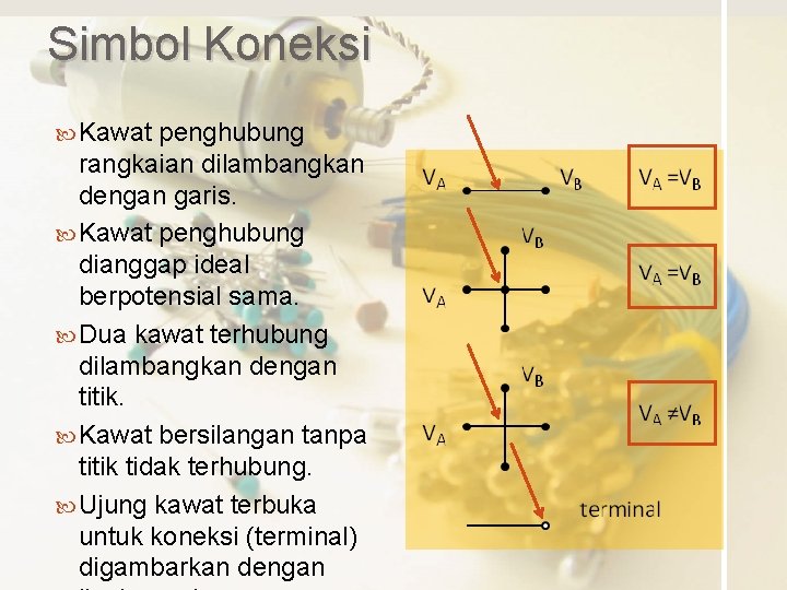 Simbol Koneksi Kawat penghubung rangkaian dilambangkan dengan garis. Kawat penghubung dianggap ideal berpotensial sama.