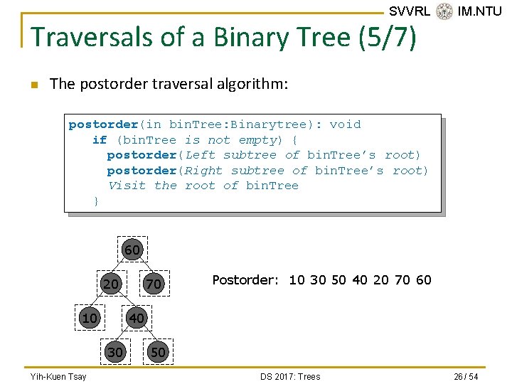 SVVRL @ IM. NTU Traversals of a Binary Tree (5/7) n The postorder traversal