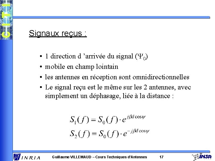 Signaux reçus : • • 1 direction d ’arrivée du signal (Y 0) mobile