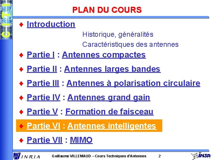 PLAN DU COURS ¨ Introduction Historique, généralités Caractéristiques des antennes ¨ Partie I :