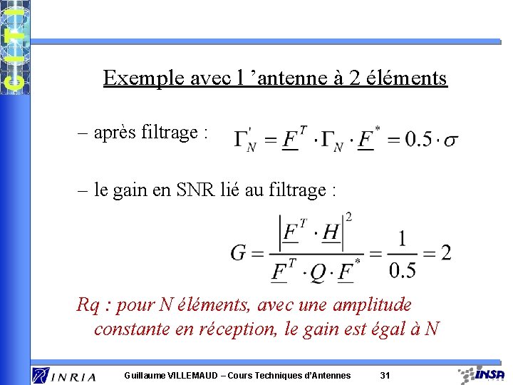 Exemple avec l ’antenne à 2 éléments – après filtrage : – le gain