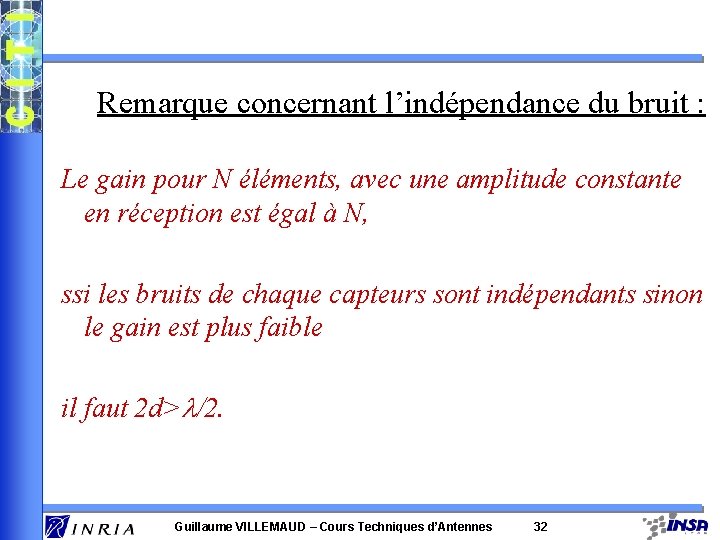 Remarque concernant l’indépendance du bruit : Le gain pour N éléments, avec une amplitude