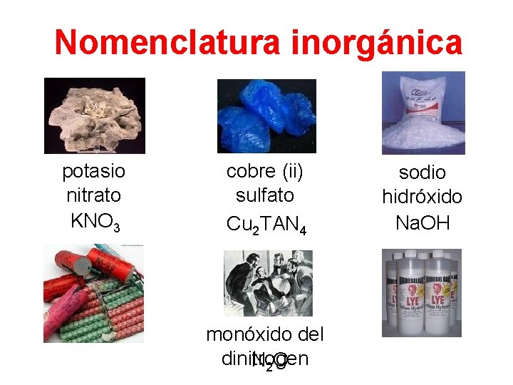 Nomenclatura inorgánica potasio nitrato KNO 3 cobre (ii) sulfato Cu 2 TAN 4 monóxido