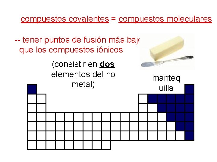 compuestos covalentes = compuestos moleculares -- tener puntos de fusión más bajos que los
