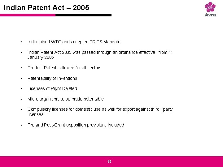 Strictly private and confidential Indian Patent Act – 2005 • India joined WTO and