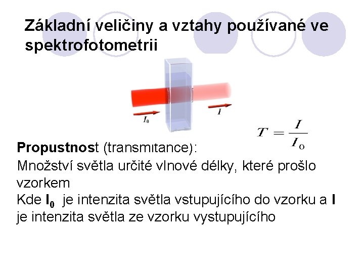 Základní veličiny a vztahy používané ve spektrofotometrii Propustnost (transmitance): Množství světla určité vlnové délky,