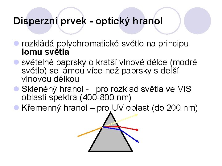 Disperzní prvek - optický hranol l rozkládá polychromatické světlo na principu lomu světla l