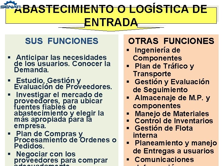 ABASTECIMIENTO O LOGÍSTICA DE ENTRADA SUS FUNCIONES § Anticipar las necesidades de los usuarios.