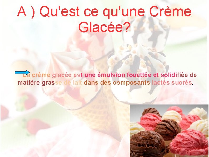 A ) Qu'est ce qu'une Crème Glacée? La crème glacée est une émulsion fouettée