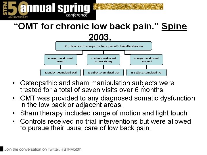 “OMT for chronic low back pain. ” Spine 2003. 91 subjects with nonspecific back “OMT for chronic low back pain. ” Spine 2003. 91 subjects with nonspecific back