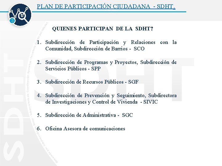 PLAN DE PARTICIPACIÓN CIUDADANA - SDHT. QUE 3 QUIENES PARTICIPAN DE LA SDHT? 1.