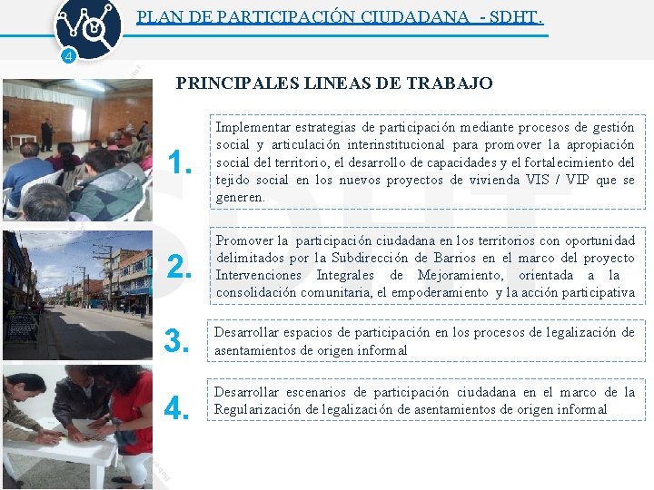 PLAN DE PARTICIPACIÓN CIUDADANA - SDHT. 4 PRINCIPALES LINEAS DE TRABAJO 1. Implementar estrategias