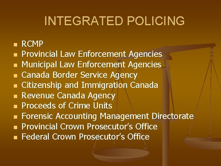 INTEGRATED POLICING n n n n n RCMP Provincial Law Enforcement Agencies Municipal Law