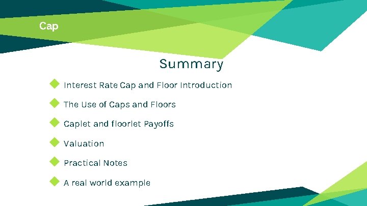 Cap Summary ◆ Interest Rate Cap and Floor Introduction ◆ The Use of Caps