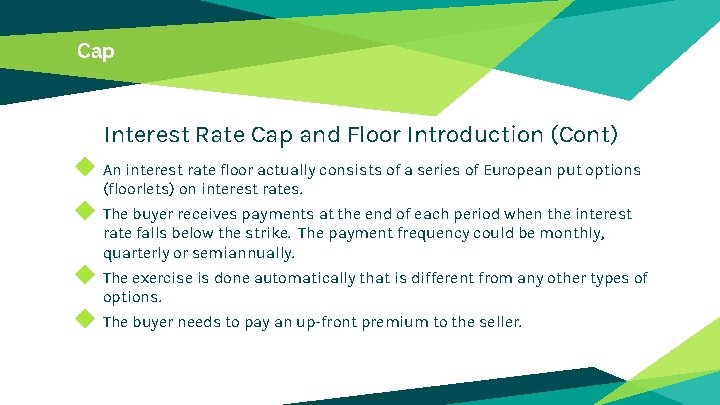 Cap Interest Rate Cap and Floor Introduction (Cont) ◆ An interest rate floor actually