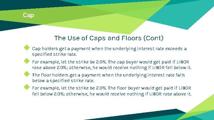 Cap The Use of Caps and Floors (Cont) ◆ Cap holders get a payment