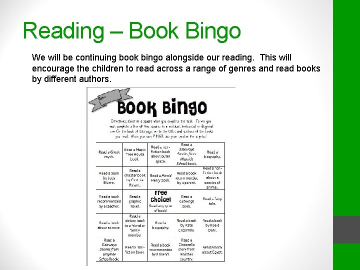 Reading – Book Bingo We will be continuing book bingo alongside our reading. This