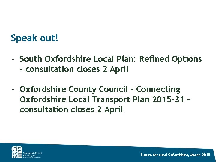 Speak out! - South Oxfordshire Local Plan: Refined Options – consultation closes 2 April