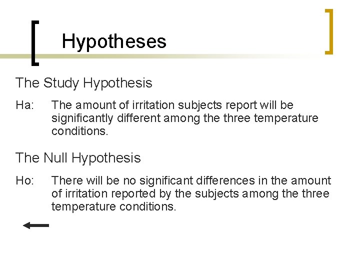 Hypotheses The Study Hypothesis Ha: The amount of irritation subjects report will be significantly