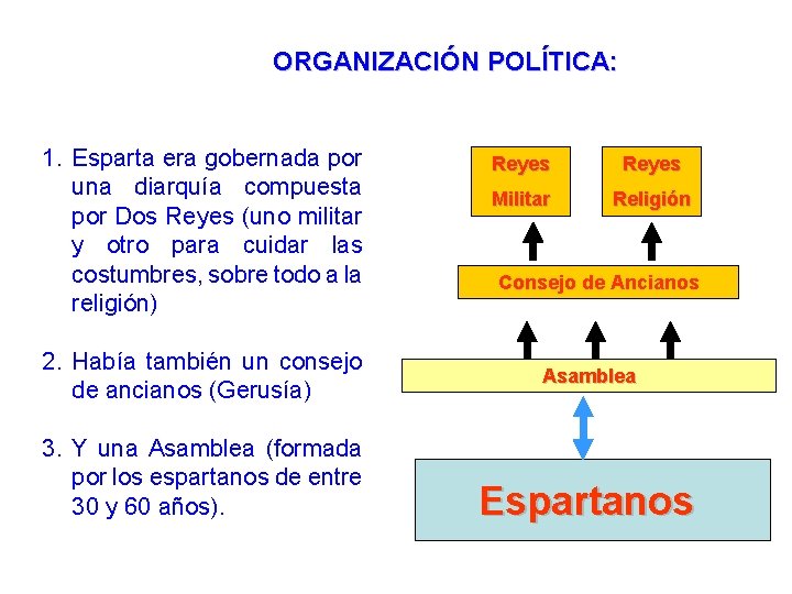 ORGANIZACIÓN POLÍTICA: 1. Esparta era gobernada por una diarquía compuesta por Dos Reyes (uno