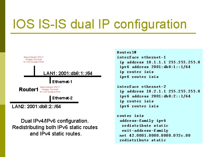 IOS IS-IS dual IP configuration LAN 1: 2001: db 8: 1: : /64 Router