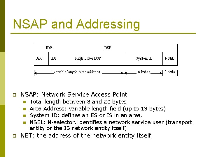 NSAP and Addressing p NSAP: Network Service Access Point n n p Total length