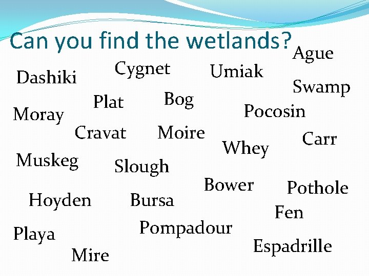 Can you find the wetlands? Ague Dashiki Moray Cygnet Plat Bog Umiak Swamp Pocosin