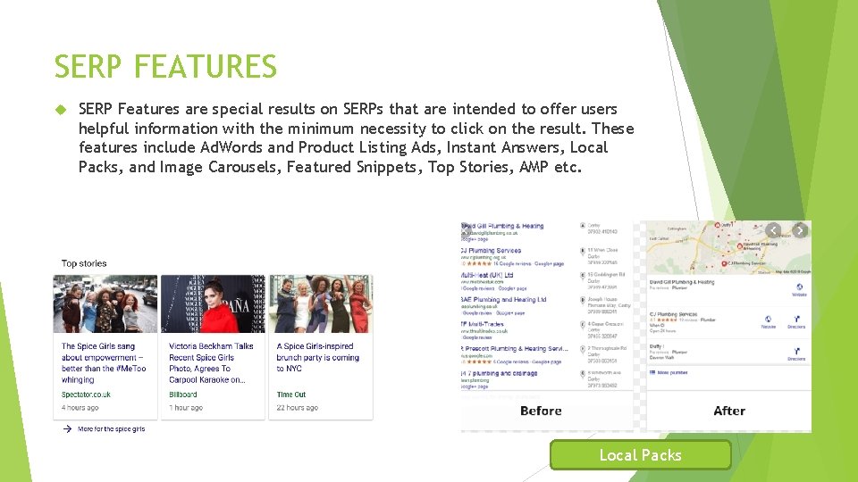 SERP FEATURES SERP Features are special results on SERPs that are intended to offer